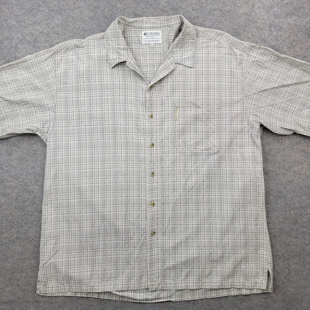 Columbia Shirt Mens 2XL Beige Plaid Cotton Button Front Short Sleeve Casual